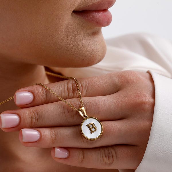 Round Shape A to Z alphabets Golden White Pendant with Chain For Girls and Women, Initial Necklace