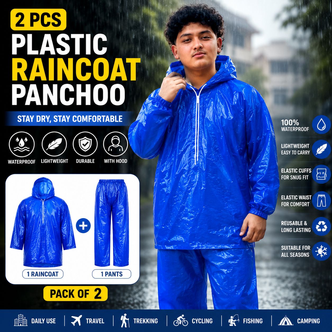 2 Pcs Waterproof Plastic Raincoat Poncho Set for Men & Women with Hood & Pants - Lightweight Reusable Rain Suit for Travel, Trekking & Cycling