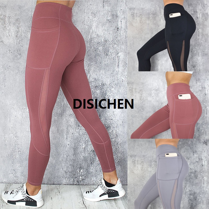 DISICHEN Pockets Mesh Leggings Stretchy Fitness Running High Waist Yoga Pants Women Sports GYM Legging Workout Leggins Fashion Sportwear Profesional