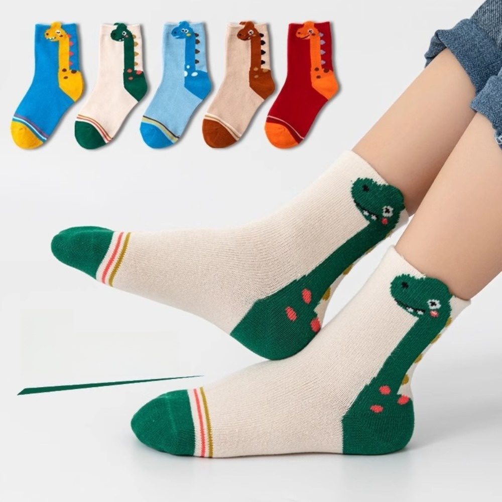 Fun Pattern 5 Pairs Pack Kids Socks Soft Fabric Breathable Cartoon Pattern Socks Cotton Blend Dinosaur Socks Daily Wear