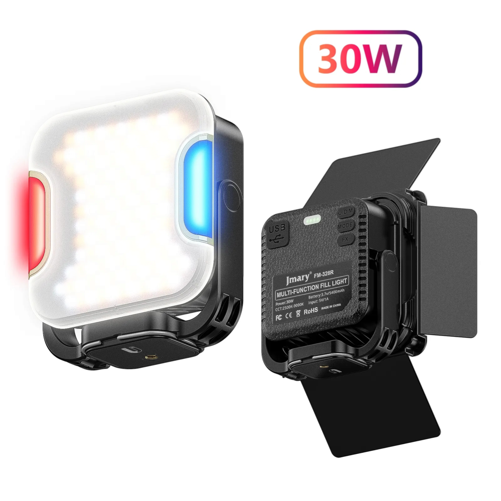 JMARY FM-328R 30W Portable Rechargeable LED Video Fill Light | 5400mAh Power Bank | Dimmable CCT 2500K-9000K | Outdoor Camping Photography Video Emergency Light