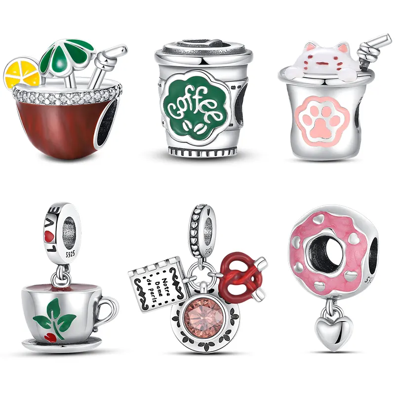 Fit Pandora 925 Original Bracelets 925 Silver Color Coffee Cake Donut Ice Cream Afternoon Tea Dessert Charms Beads DIY Jewelry