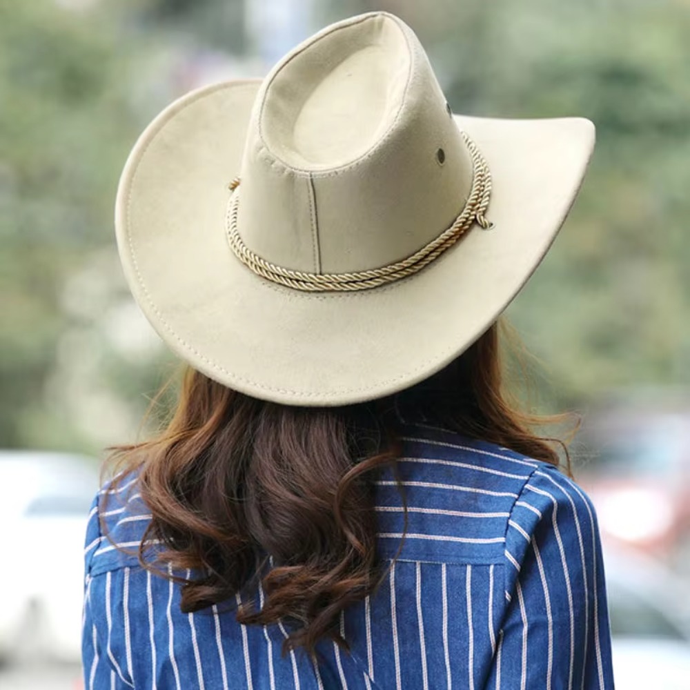 New Vintage Women Men Cosplay Suede Jazz Hat Faux Felt Leather Suede Sun Hat Costume Cosplay Cap Large Brim Gentleman Western Hat Outdoor