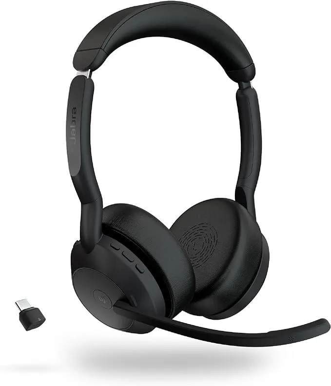 Jabra Evolve2 55 Stereo Wireless Headset with Link 380A - Features Air Comfort Technology, Noise-Cancelling Mics & Active Noise Cancellation - MS Teams Certified - Black