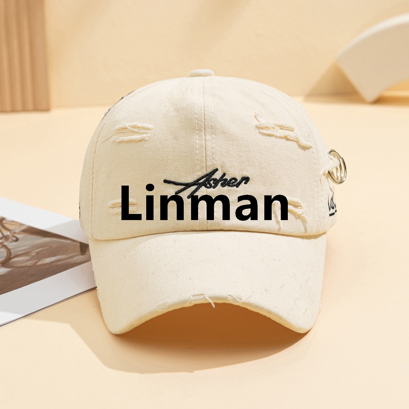 Casual ripped embroidered letter hoop baseball cap personality fashion wide eaves shading face small cap
