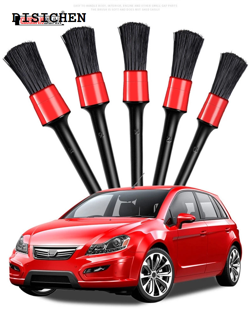 DISICHEN 【2025 Version】 Wheel Brush Car Cleaning Kit -Long Soft Bristle Tire Brush and 5 Different Sizes Boar Hair Synthetic Fiber Detail Brushes