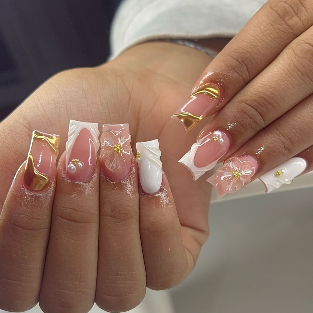 3D Sun Flower Wearing Nail Simple French White Nail Nail Piece Short Square Nail Press on Nails