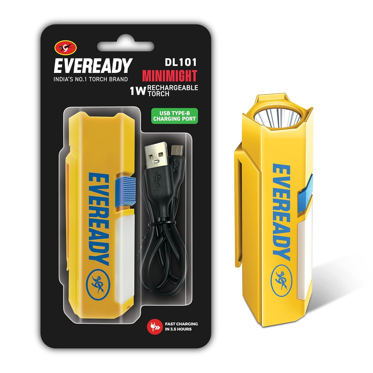 Eveready DL 101 Minimight, 1W Rechargeable Emergency Torch + 2W Side light, Pocket-Friendly Hexagonal Design, Hands-Free Clip, Type B/Micro USB Charging, Overcharge & Deep Discharge Protection