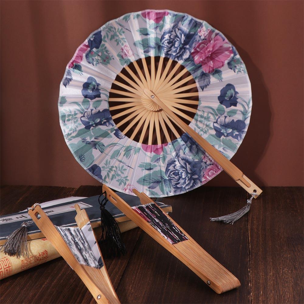 Art Hand Fans Round Folding Hand Fan Exquisite Elegant Windmill Fan Bamboo Handle Classical Hand Circular Fan Lady