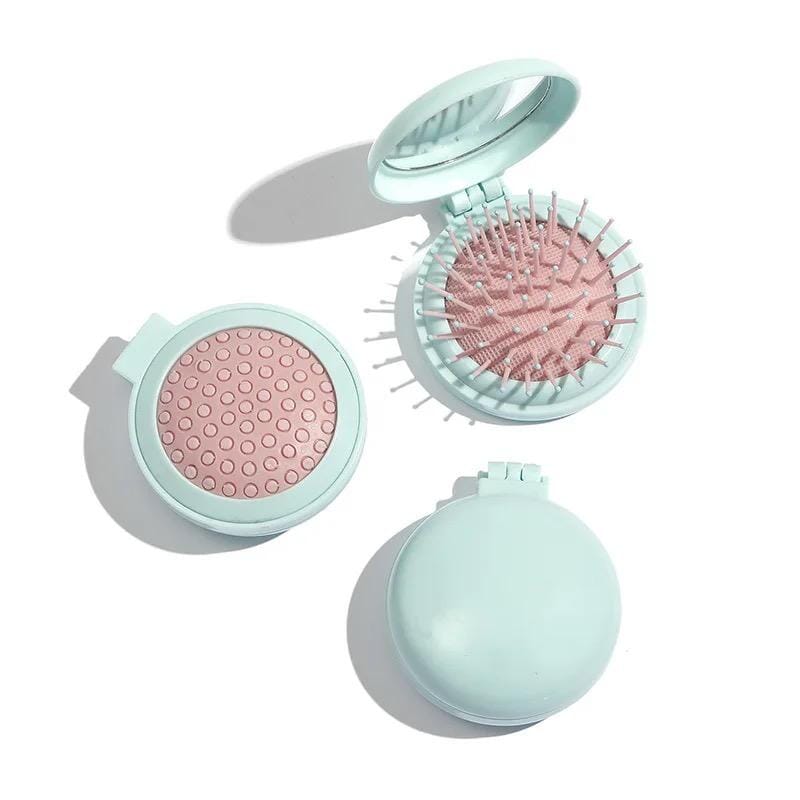 Blue Mini Plastic 2 in 1 Travel Compact Foldable Portable/Handy Comb With Mirror For Women