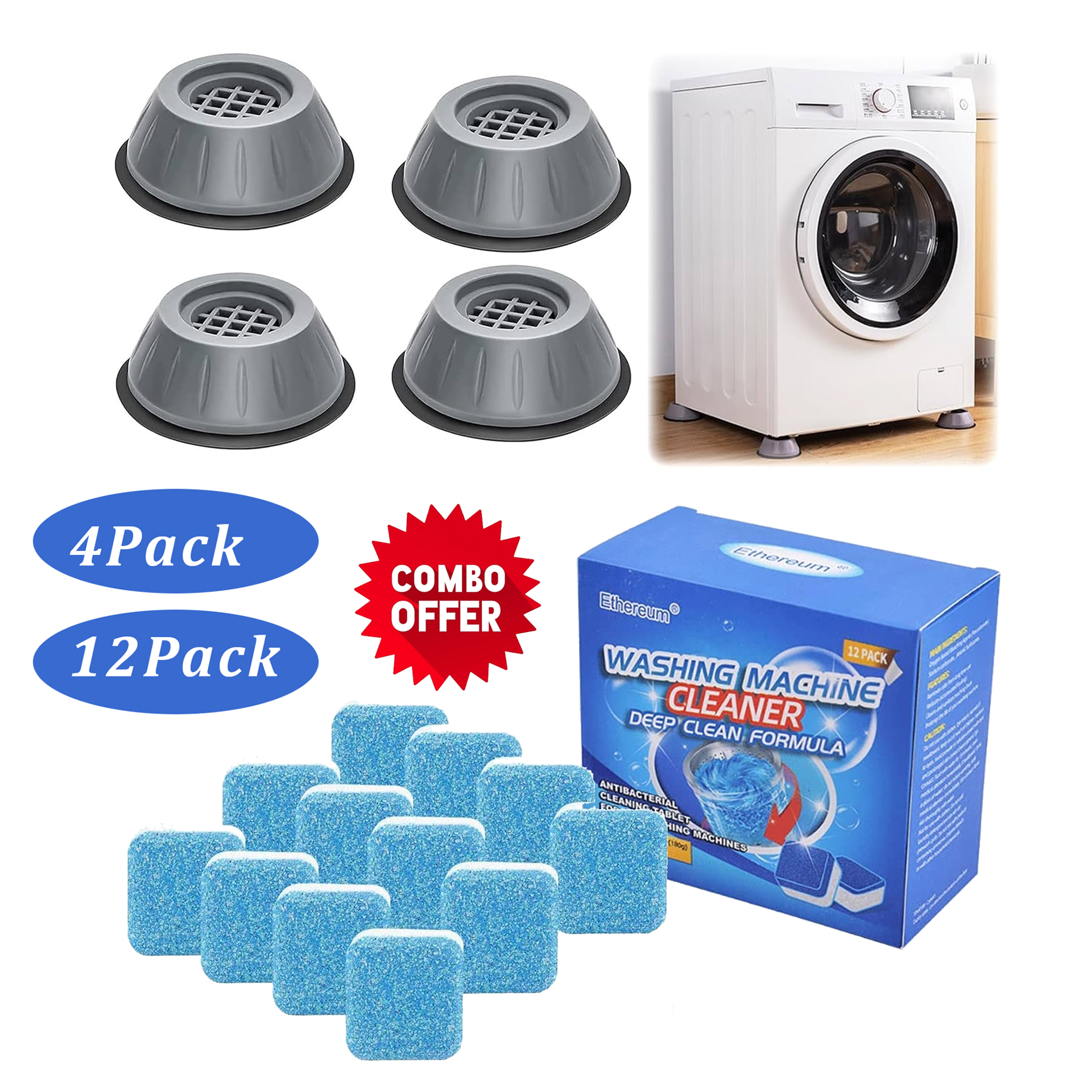 2-in-1 Combo Offer: Anti-Vibration Pads for Washing Machine & Furniture (4 Pcs) + Washing Machine Cleaning Tablets (Pack of 12) - Universal Fit for Top & Front Load