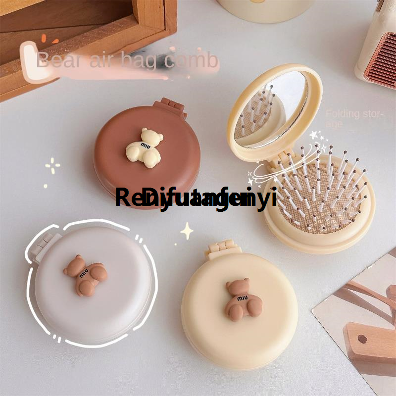 Difutagui Mini Cute Foldable Head Massager Cartoon Air Bag Hair Comb Air Cushion Affordable Hot Selling Comb with Makeup Mirror Portable Hair Styling Comb Tools