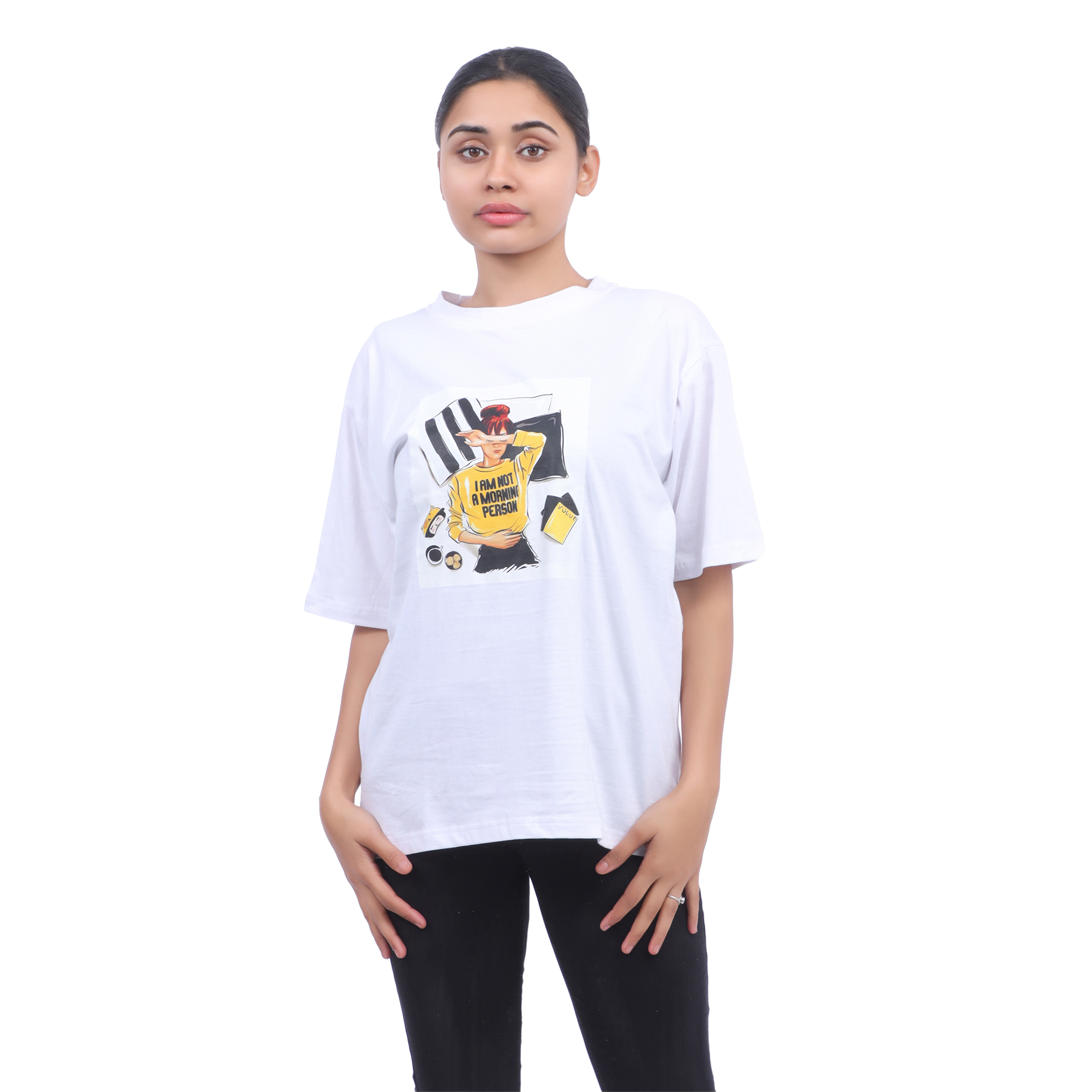 White Color Printed Round Neck Tshirt for Women (Print May Vary)