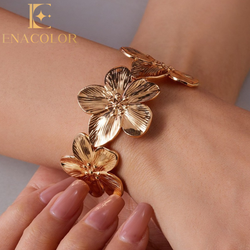 Enacolor Vintage Splicing Flower Open Bangle Bracelet for Women Gold Silver Metal Jewelry Accessories Gifts for gf
