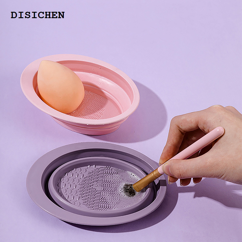 DISICHEN Luxury Makeup Brush Cleaning Tool Foldable Silicone Bowl Beauty Egg Sponge Powder Puff Washing Portable Scrub Mat with Drying Rack Net