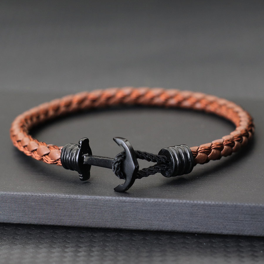 HOT New Fashion Men Leather Bracelet Creative Black Anchor Braslet Nautical Surfing Hand Accessories In 3 Sizes Punk Bangle Hombre