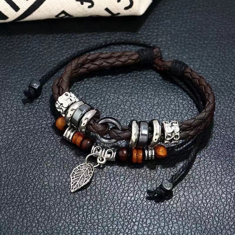 【Top-notch quality】Retro Chinese Style Distinctive Creative Multi-layer Leaves Woven Korean Style Trendy Men's Distinctive Simple Bracelet
