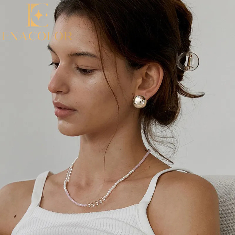 Enacolor Retro Gold Silver Ball Earrings for Women Girls Smooth Metal Semi-spherical Surface Simple Jewelry Gifts for Gf