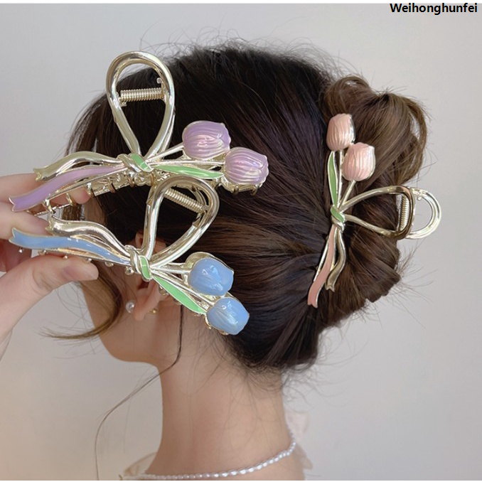 WeihonghunfeiSales promotion 2023 New Two Flower Tulip Bouquet Hairclips Hairpin Hair Clips Accessories Girl Korean Female
