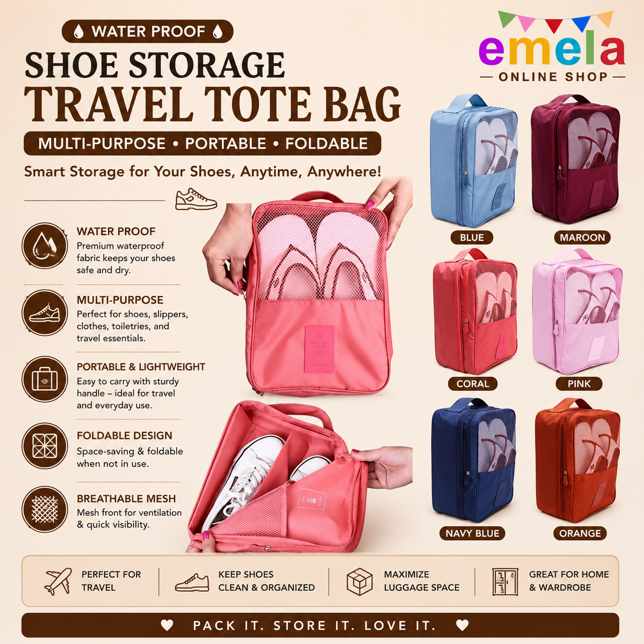 Water Proof Shoe Storage Travel Tote Bag Multi-Purpose Portable Rack Foldable Organizer Wardrobe