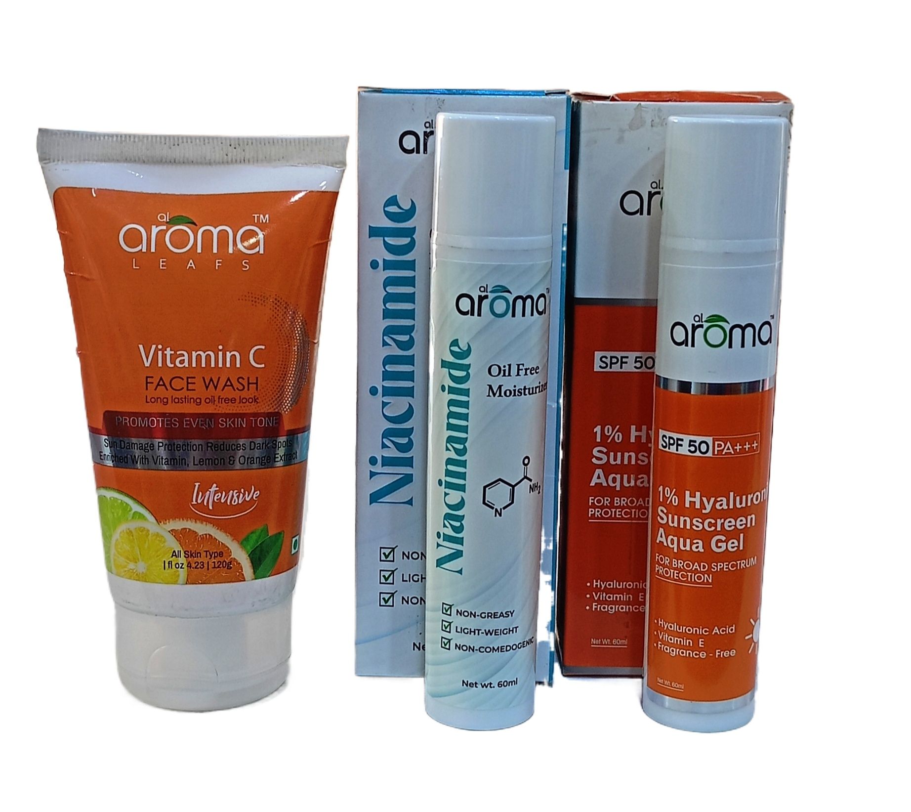 Aroma Leaf Vitamin C Face Wash,Niacinamide Oil Free Moisturiser and 1% Hyaluronic Sunscreen Aqua Gel SPF 50 PAA+++ Pack Of 3(120+60+60)ML