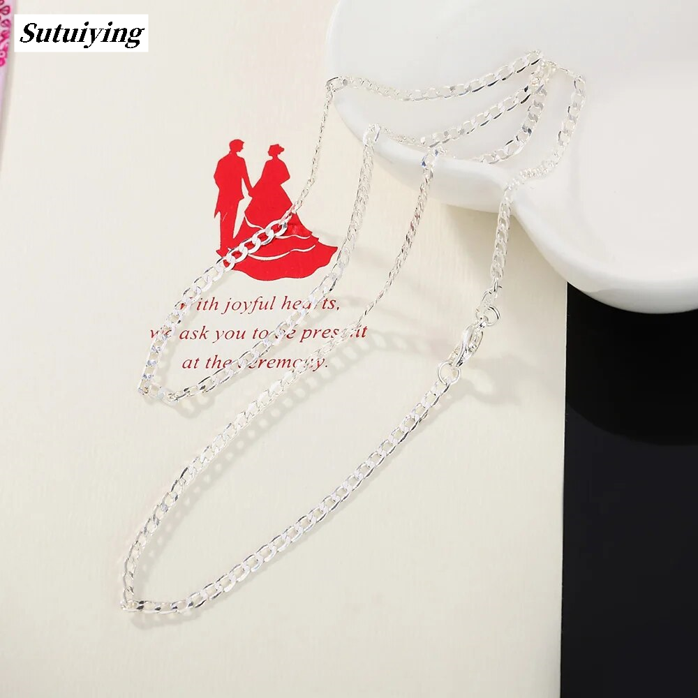 Sutuiying 925 Sterling Silver Necklace 16/18/20/22/24/26/28/30 Inches Classic Original 2MM Flat Sideways chain for Women Men Jewelry Gift party