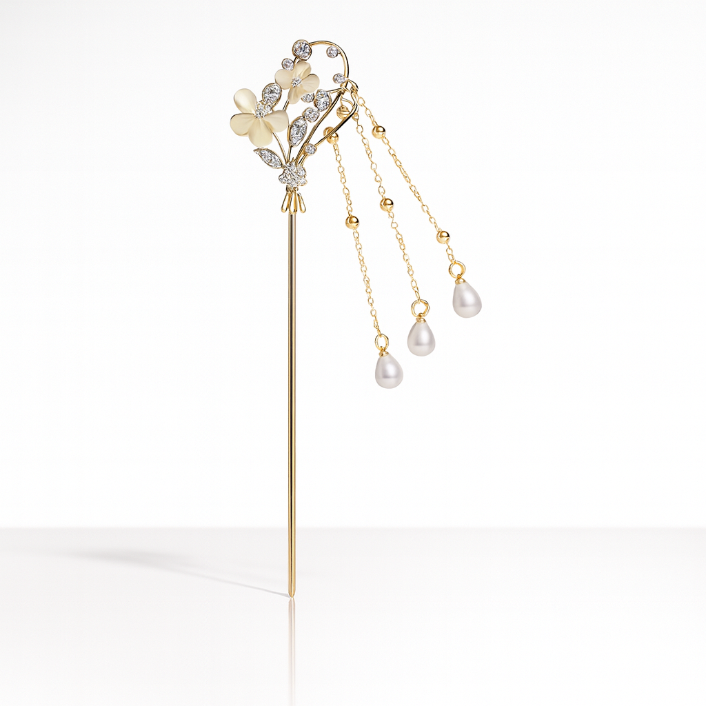 VaryGood Elegant Butterfly Floral Hair Stick for Women - Vintage Hairpin with Dangling Chains & Pearls - Hair Bun Stick for Bridal, Party, Traditional & Daily Wear