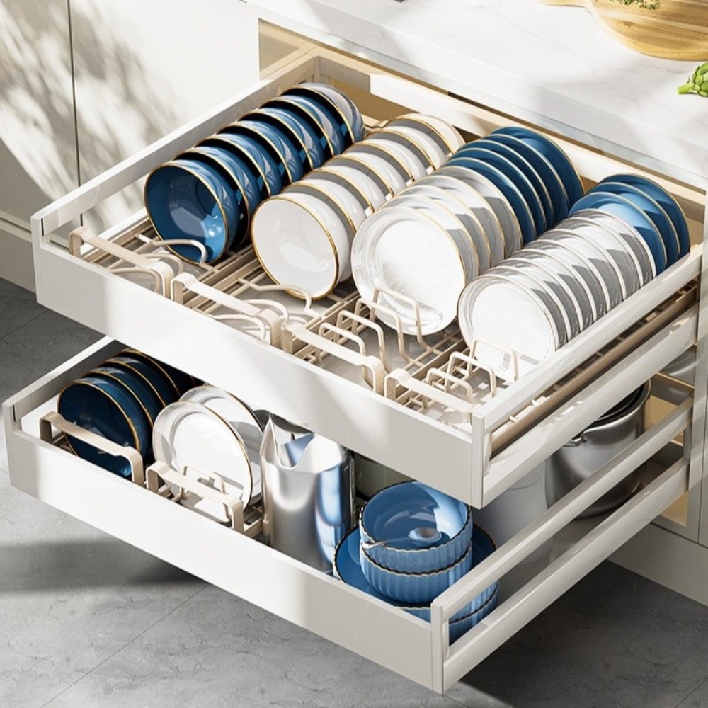 Durable Carbon Steel Pull Out Dish Rack Space Saving Built-In Dish Storage Rack Practical Expandable Kitchen Drawer Rack Countertop