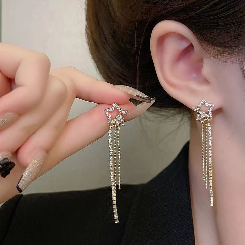 【Best Price Guaranteed】S925 Light Luxury Star Zircon Tassel Earrings Women's Korean Style New High Design Ear Studs Elegant All-match Socialite