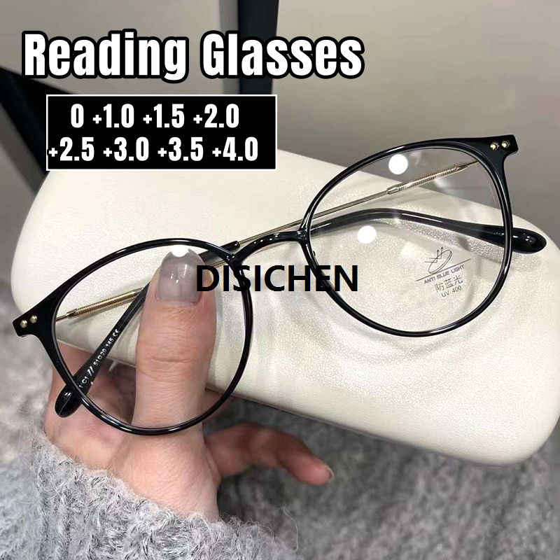 DISICHEN Ladies Trendy Style Reading Glasses New Fashion Round Hyperopia Blue Light Blocking Computer Glasses Prescription Eyewear +2.5 Portable