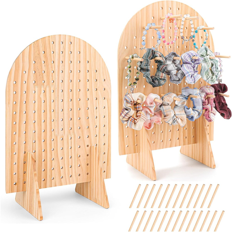 2 Pack Wooden Pegboard Display Stand with 25 Pcs Wood Dowel Rods