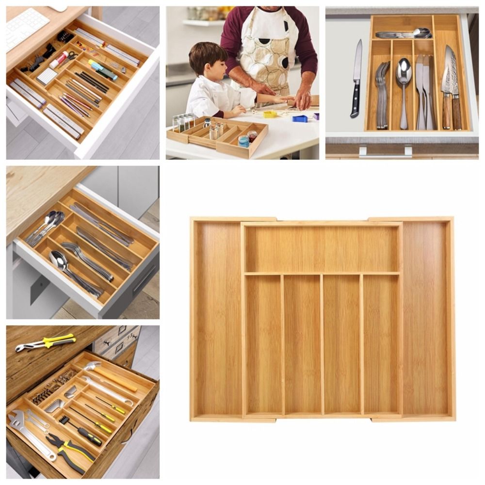 Silverware Tray Bamboo Utensil Drawer Organizer Natural Adjustable Cabinet Drawers Dividers Wooden 5/6/7/8/9 Slots Grooved Cutlery Tray Kitchen