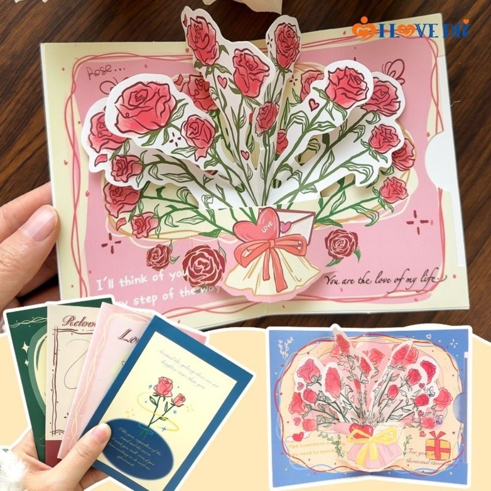 Romantic 3D Greeting Card Rose with Envelope Thank You Cards Pop Up Love Blessing Card Wedding Invitations