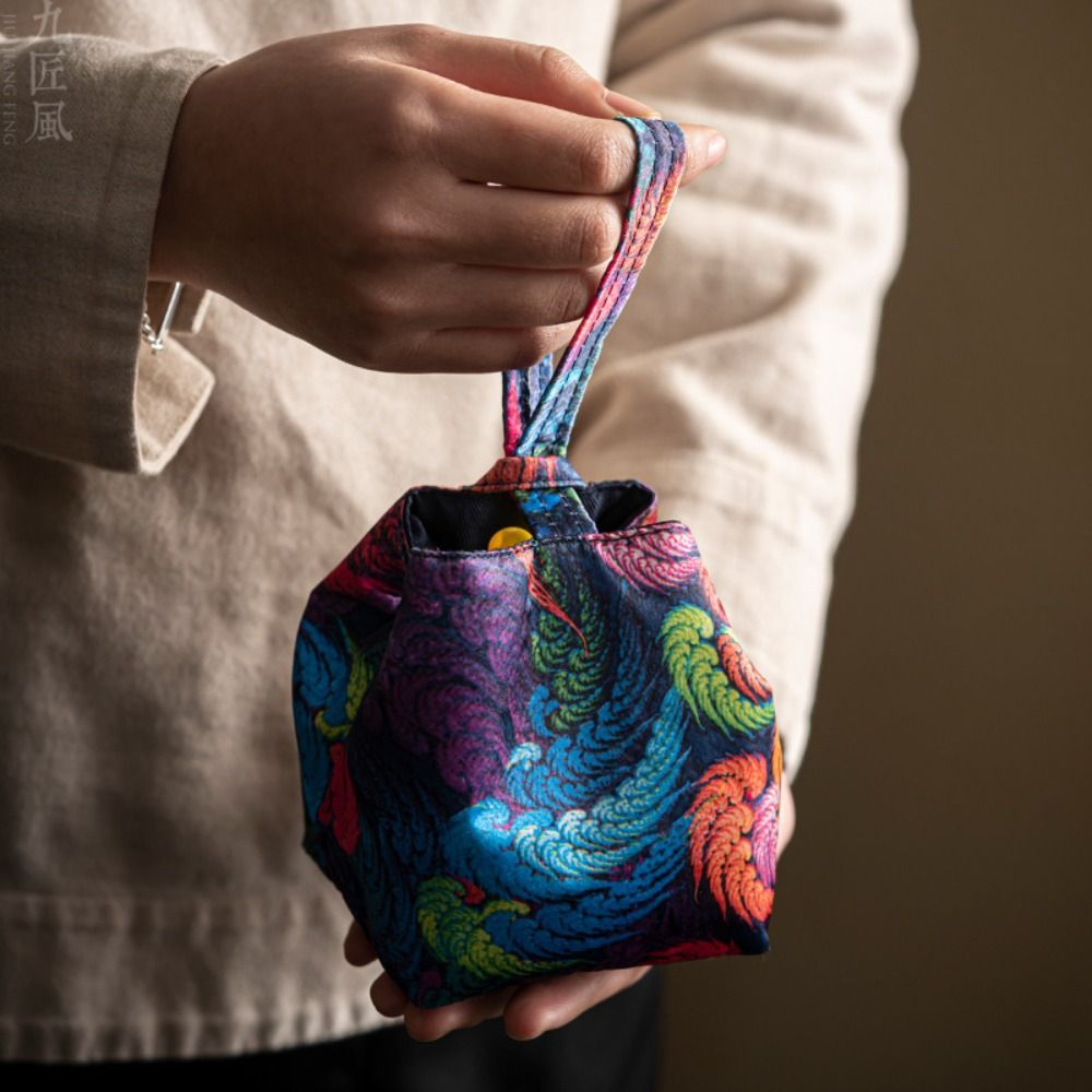 Portable Canvas Embroidery Flower Drawstring Bag Cloud Wings Tea Set Storage Bag Dragon Coin Purse Wallet Square Flower Wrist Bag Streetwear