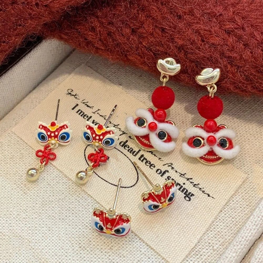 Trendy Good Lion Dance Earrings Set Tassel Cartoon Awakened Lion Earrings Chinese Style Ear Jewelry Bell Ear Studs Ear Accessories