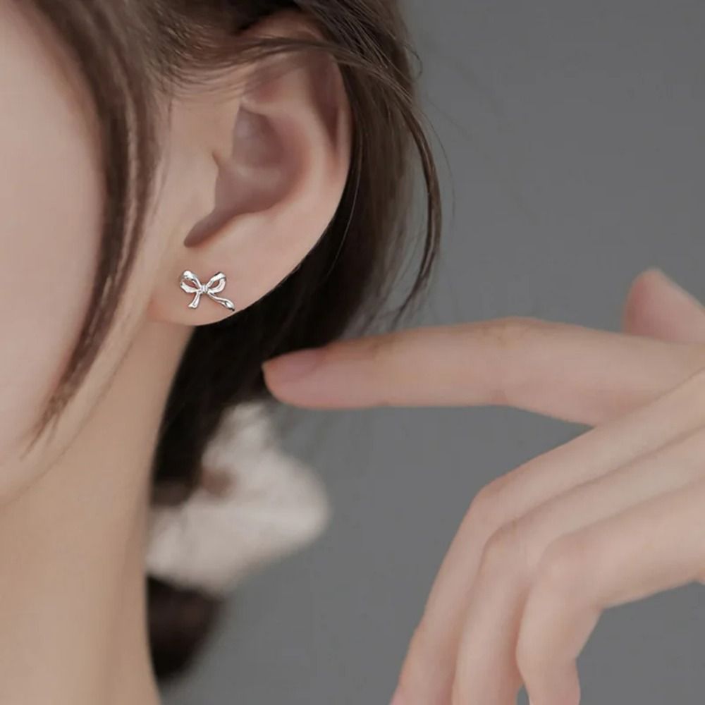 Cute 925 Silver Needles Stud Earrings Bowknot Simple Minimalist Bow Earrings Gold Silver Color Ear Piercing Jewelry Women