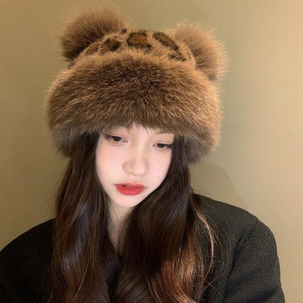 Retro Warm Cap Bear Ears Plush Hat Brimless Leopard Print Bucket Hat Imitation Mink Fur Windproof Mink Fur Fisherman Hat Outdoor