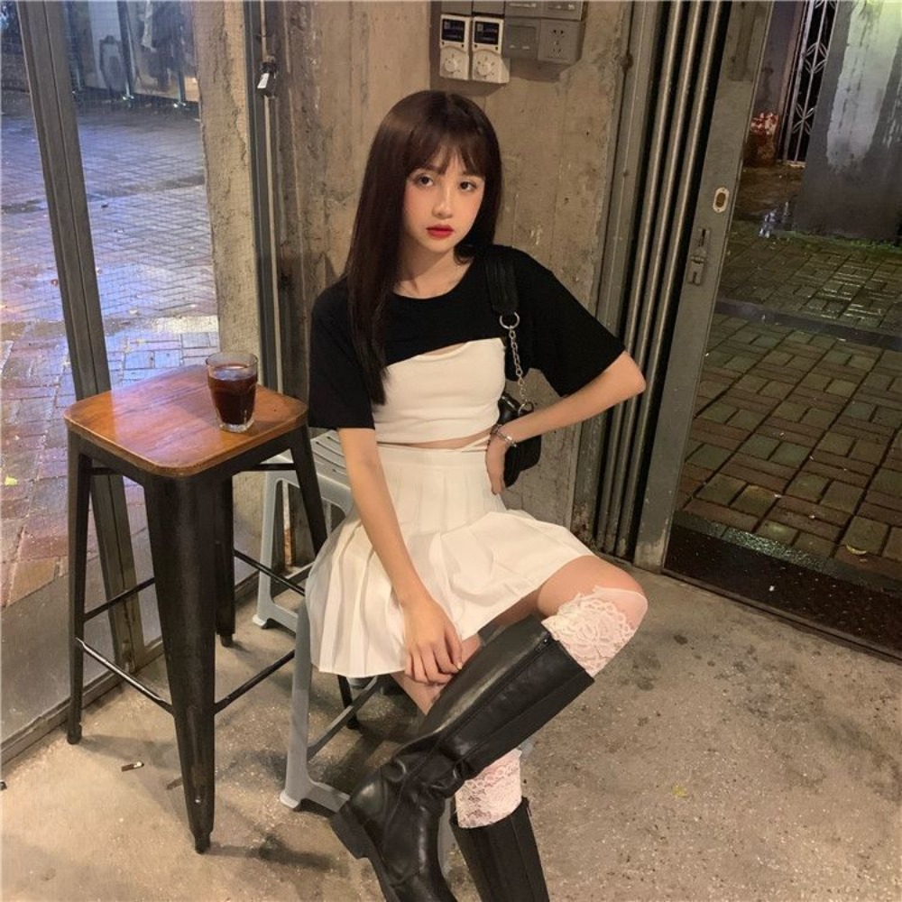 Harajuku Y2K Super Short Cotton Tee Round Neck Solid Color Loose-fit Women's T-shirt Streetwear All March Tops Female
