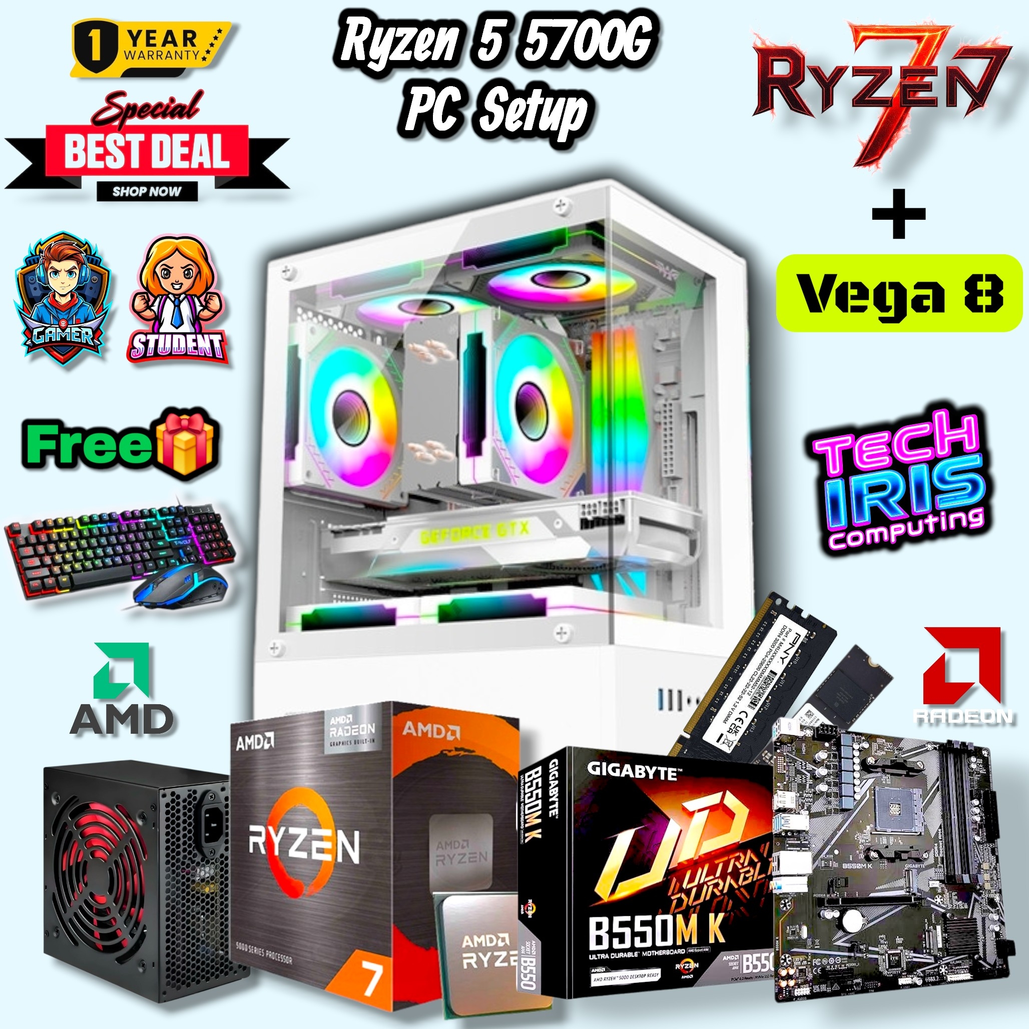 RTX 3050 Graphics Powered With 24" 100HZ Monitor Gaming PC Setup, 800WATT PSU, 8/16GB DDR4 RAM, 512/256GB NVMe M.2 SSD Gaming CPU
