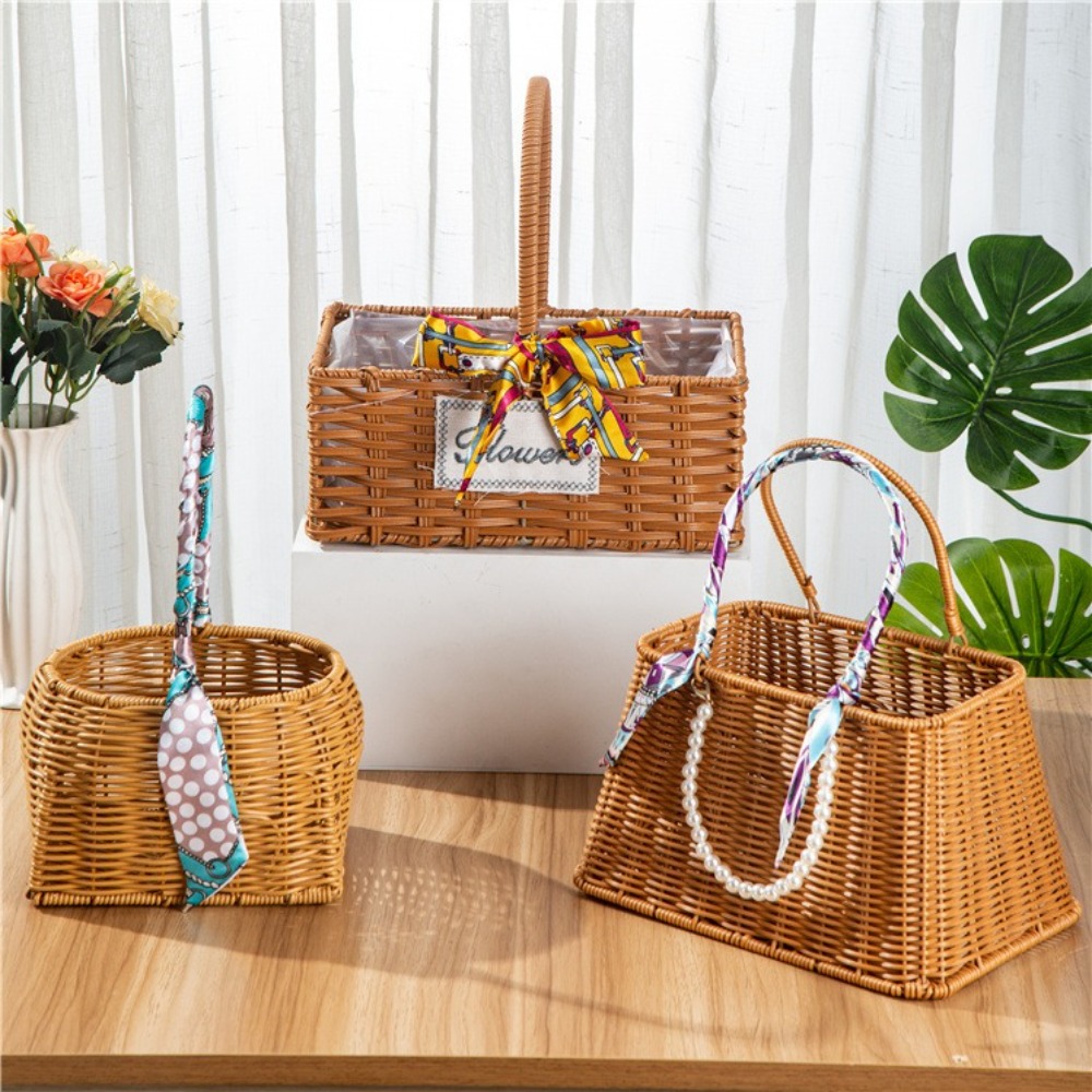Portable Handmade Imitation Rattan Fruit Basket Long Handle Durable Imitation Rattan Storage Basket Large Capacity Multifunction Fruit Storage Bin Wedding