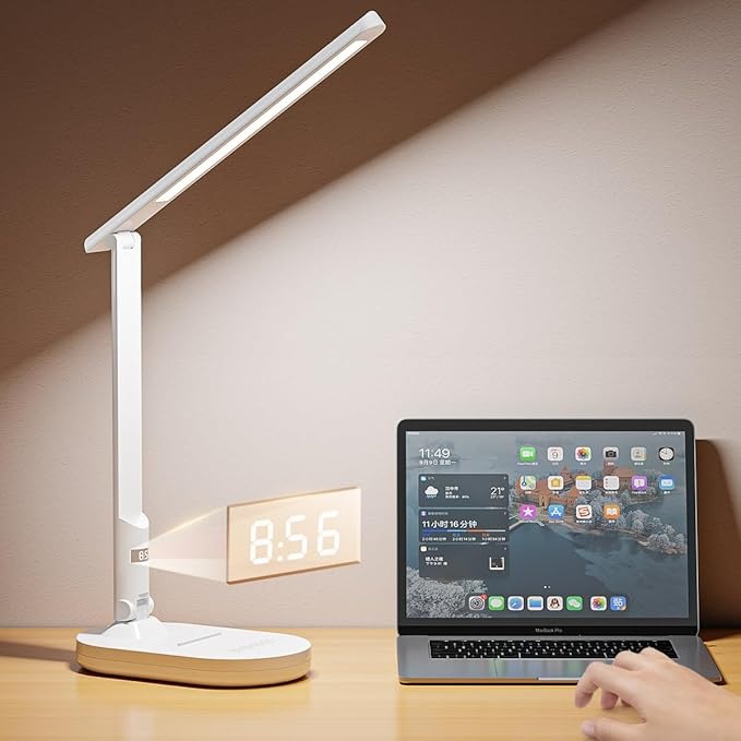 Digital Clock Foldable LED Desk Lamp for Home Office, 3 Color Modes