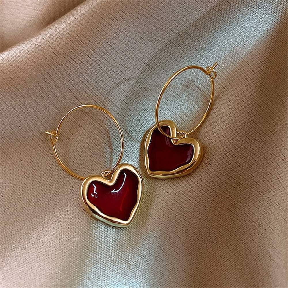 Earrings for girls Gold Plated Charm Red Heart Hoop Dangle Drop Earrings for Women