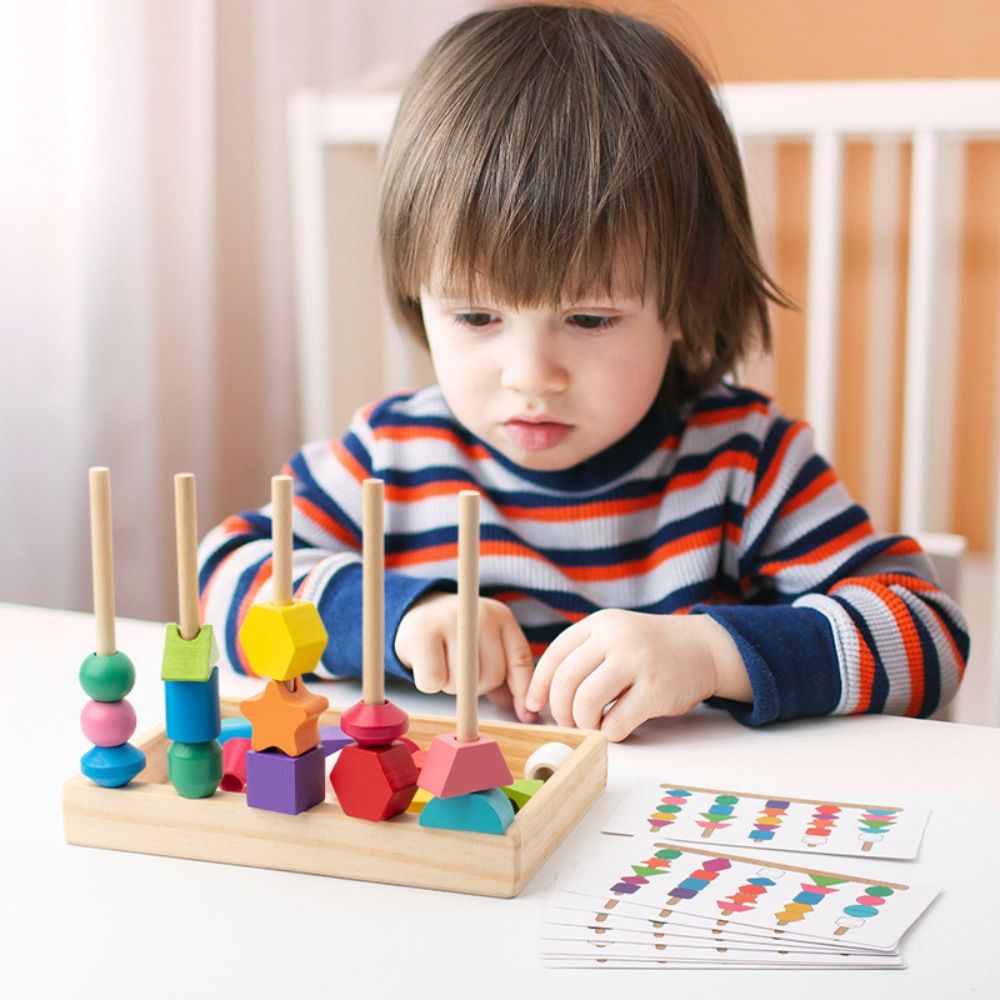 Educational Toys Geometric Color Shape Cognition Toys Interactive Montessori Stacks Blocks Puzzle Game Challenges DIY Wooden Beads Sequencing Toy Parent Child