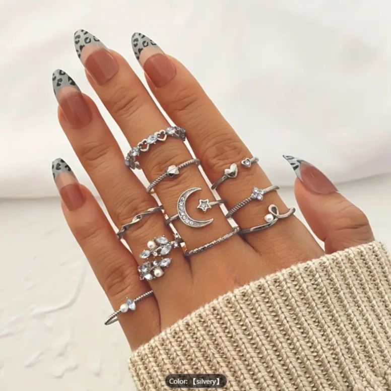 Amo Store 9pcs Silver Moon & Star Ring Set | Artificial Crystal Stacking Rings for Women | Adjustable Fashion Jewelry