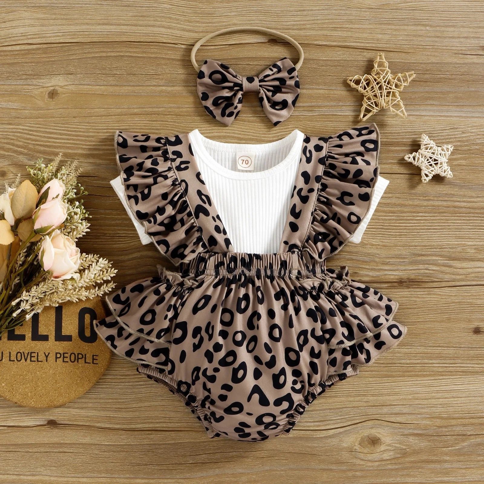 Cozykids - Baby Summer Clothing Infant Baby Girl Clothes Leopard Jumpsuit Bodysuit Headband Ribbed T-Shirts 2Pcs Outfits