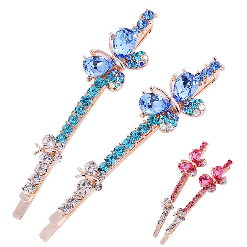 1 Pairs Korean Women Girls Bling Edge Clamp Crystal Butterfly Hair Clip Rhinestone Barrette Hairpin