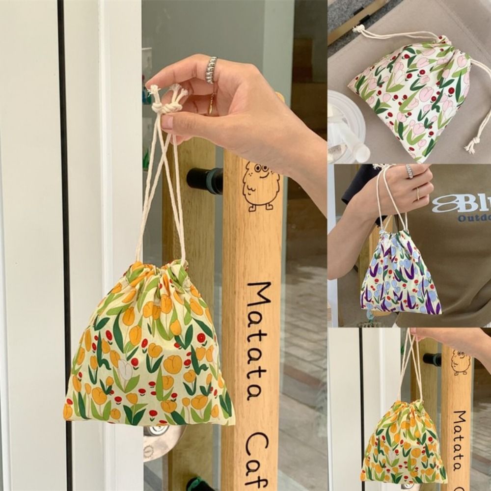 Fresh Canvas Drawstring Storage Bag Tulip Portable Purse Drawstring Mouth Sundry Bundle Pocket Girl