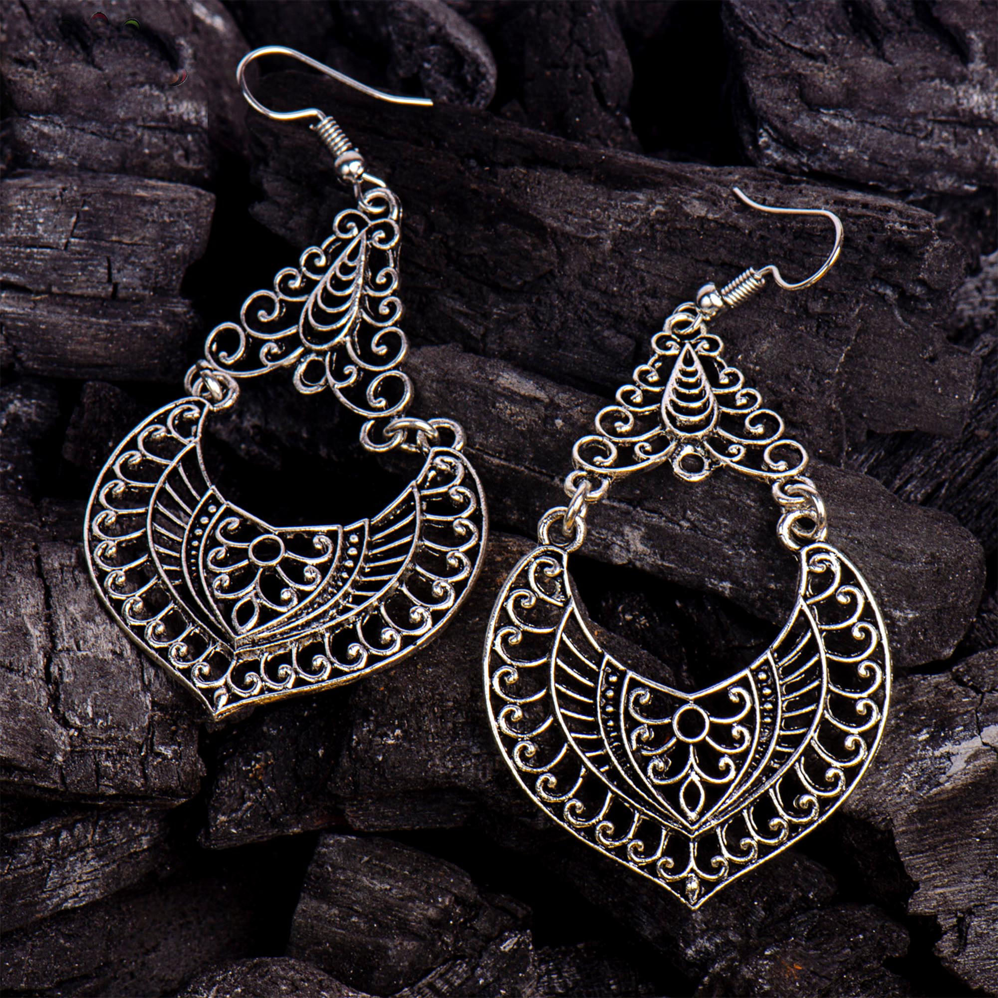Black Stoned Cut Patterned Drop Earrings For Women
