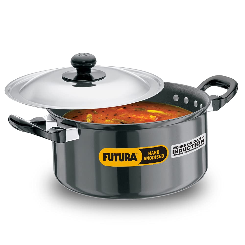 Hawkins Futura 3 Litre Nonstick Induction Compatible Stewpot with Stainless Steel Lid (INST30) - Black | Cook-n-Serve Casserole | PFOA Free Non-Stick Pot