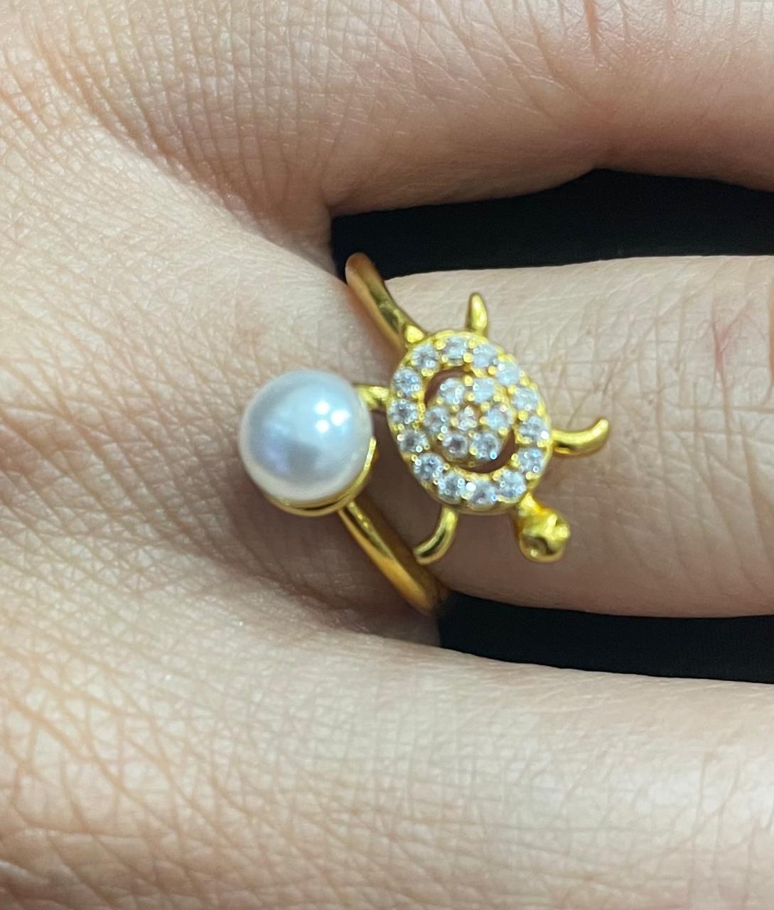 Gold plated Adjustable kachhuwa ring with white moti
